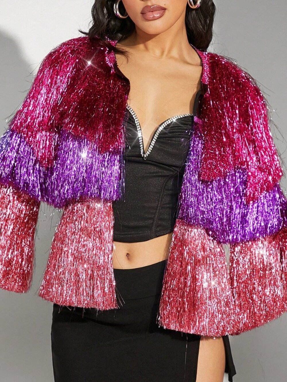 Multicolor Party Women's Colorblock Metallic Fringe Open Coat
